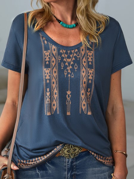 

Casual Tribal V Neck Short Sleeve T-Shirt, Purplish blue, T-Shirts