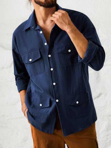 

Cotton Linen Plain Color Casual Long Sleeve Shirt, Purplish blue, Long Sleeve Shirts
