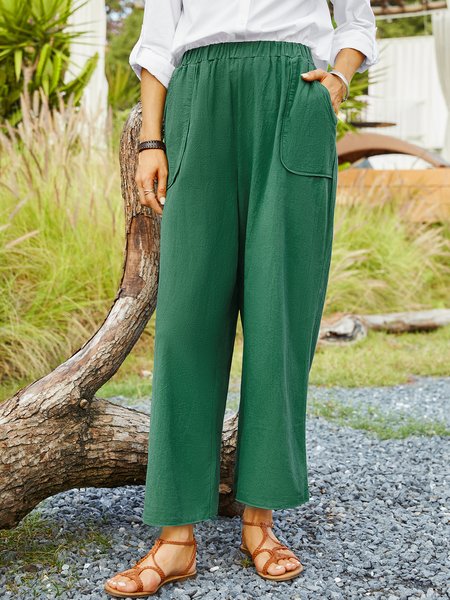 

Casual Plain Pockets Linen Pants, Dark green, Pants