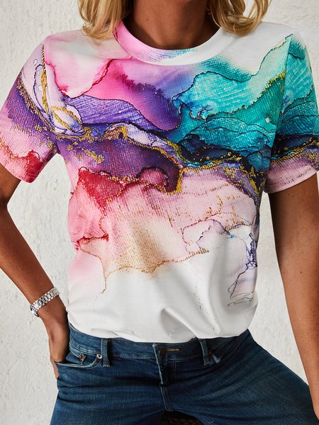 

Casual Crew Neck Ombre Short Sleeve T-Shirt, Multicolor, Tops