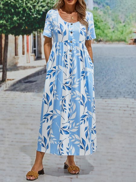 

Plus size Casual Floral Short Sleeve Dresses, Blue, Midi