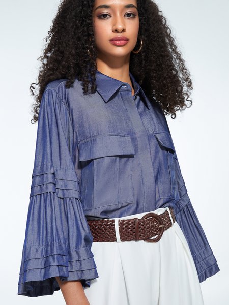 

Elegant Pockets Solid Shirt Collar Three Quarter Blouse, Deep blue, Blouses and Shirts