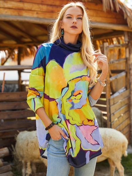 

Long Sleeve Cotton-Blend Turtleneck Top, As picture, Tops