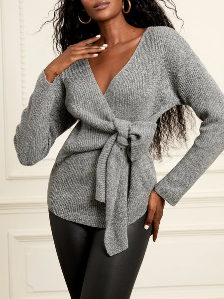 

Simple Long Sleeve Plain Cross Neck Sweater Coat, Gray, Sweaters