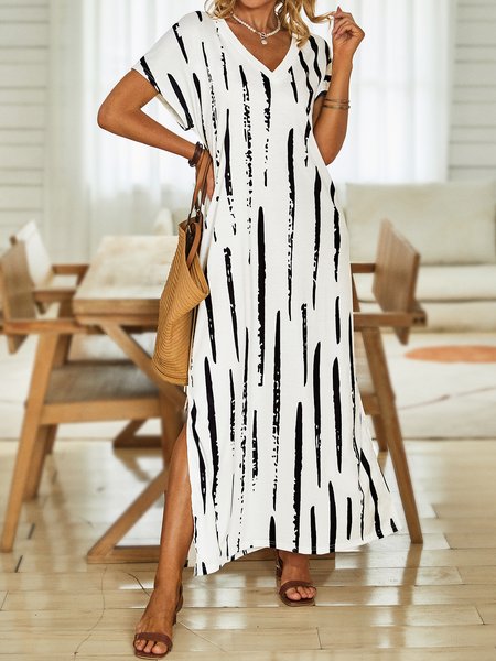 

Striped Short Sleeve V Neck Casual Dresses, Black-white, Maxi