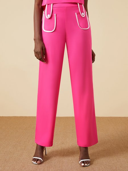 

Elegant Daily Color Block Straight Leg Pants, Rose red, Pants