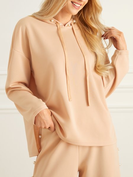 

Long sleeve Casual Loose Plain Sweatshirt, Khaki, Tops