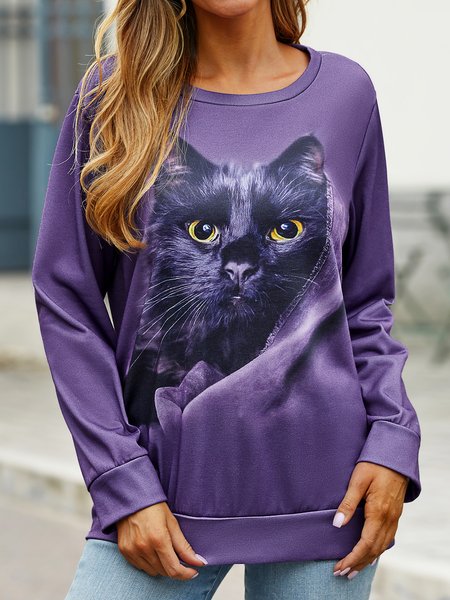 

Cat Crew Neck Raglan Sleeve Casual Sweatshirt, Gray, Tops