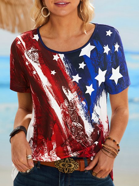 

Crew Neck Flag Casual Short Sleeve T-Shirt, Blue, T-Shirts