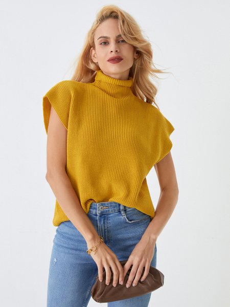 

Daily Short sleeve Plain Turtleneck Simple Sweater, Yellow, Sweaters