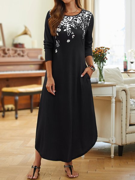 

Shift Long Sleeve Crew Neck Floral Knitting Dress, Black, Dresses