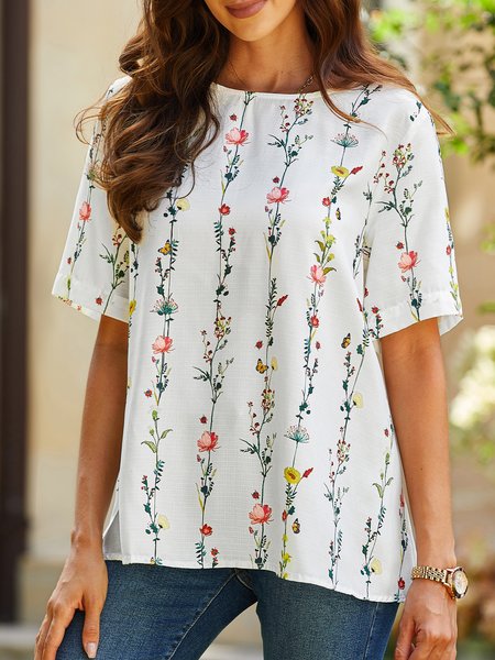 

Casual Crew Neck Floral Tops, White, Shirts & Blouses