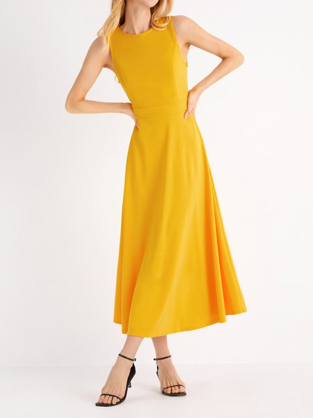 

Summer Crew Neck Lightweight Elegant Plain Short Sleeve Knit Fit and FlareX Dress, Yellow, Dresses