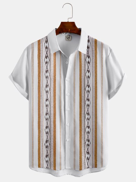 

Cotton Linen Geometric Print Casual Short Sleeve Shirt, As picture, Men's Floral shirt