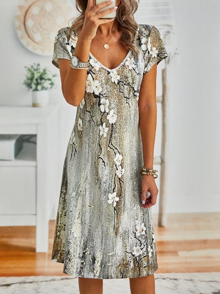 

Floral Casual V Neck Short Sleeve Dresses, Multicolor, Short