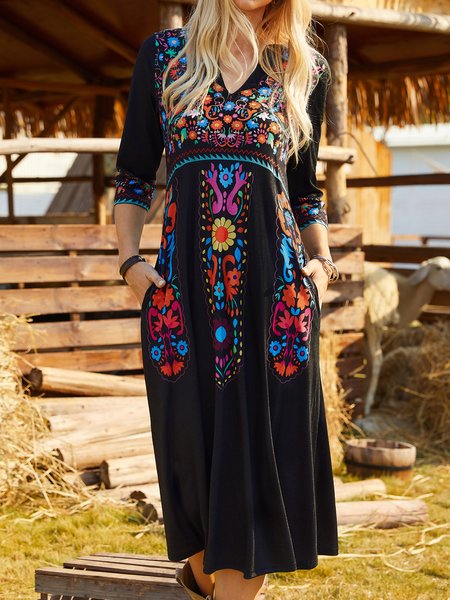 

V Neck Boho Regular Fit Dress, Black, Dresses