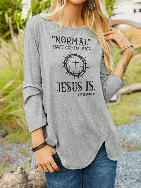 

normal isn‘t coming back jesus Printed button top tunic, Red, Shirts & Blouses