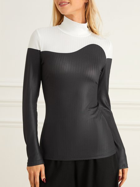 

Urban Long Sleeve Color Block Stand Collar T-Shirt, Black, Tops