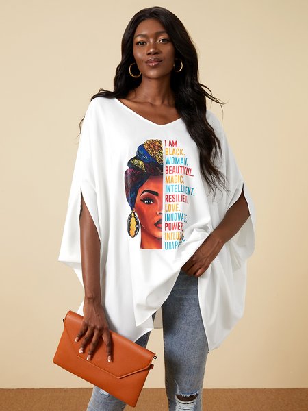 

Daily Casual Figure Printed Loosen Half Sleeve Top, White, Blouses and Shirts