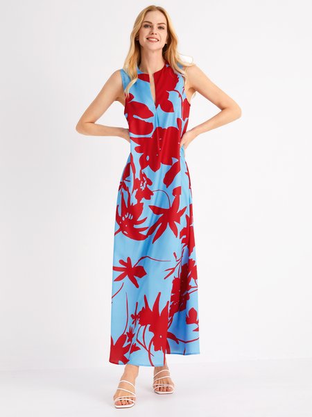 

Vacation Loosen Floral Notched Sleeveless Midi Dress, Rose red, Dresses