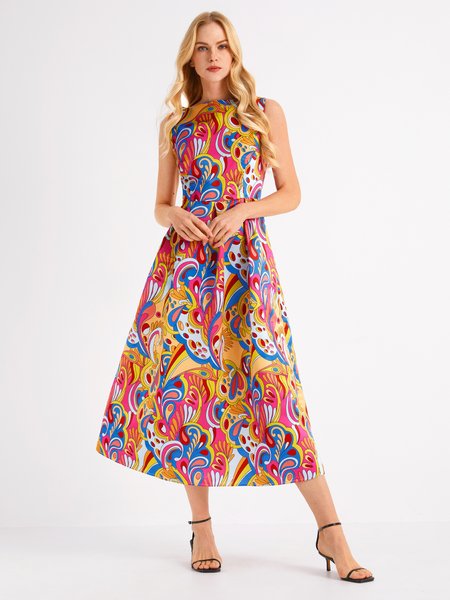 

Crew Neck Abstract Elegant Short Sleeve Woven Dress, Multicolor, Dresses
