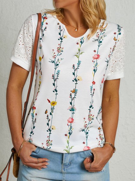 

vine-print lace-sleeve-paneled top, White, Shirts & Blouses