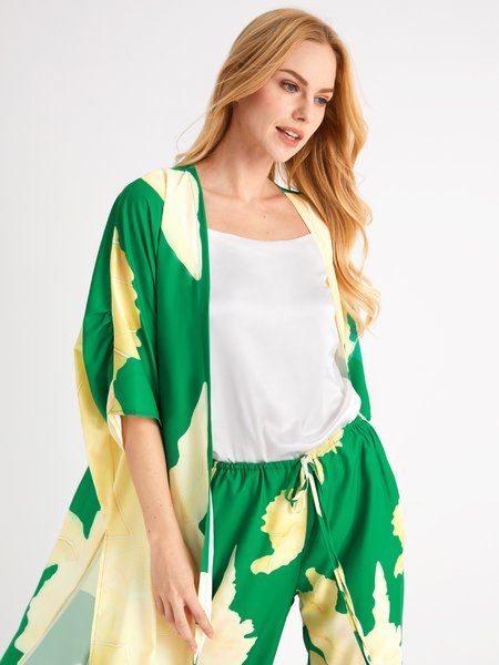 

Floral Collarless Loosen Vacation Long Cardigan, Green, Outerwear