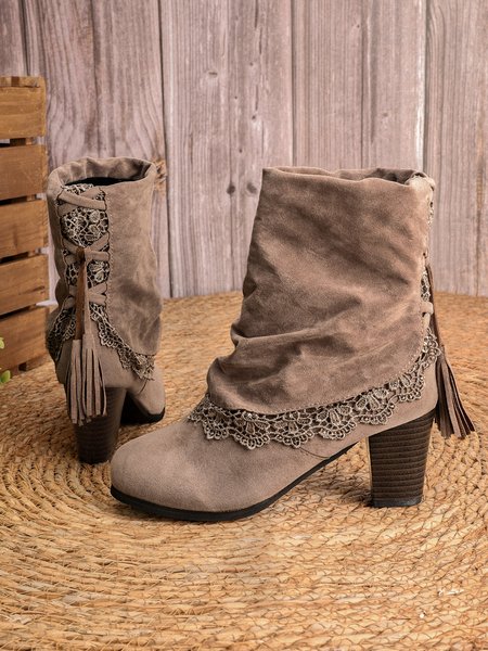 

JFN Vintage Lace Flanging Casual Fringed Short Ankle Boots, Apricot, Boots