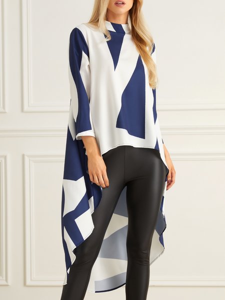 

Loose A-Line Long sleeve Stand Collar Urban Blouse, Blue, Blouses and Shirts