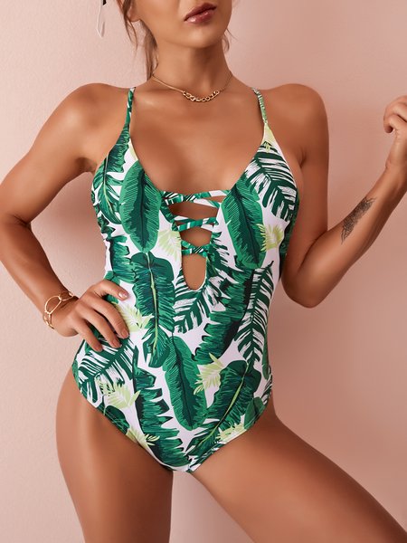 

Leaves Print Lace Up One-piece Swimsuit, Green, Swimwear