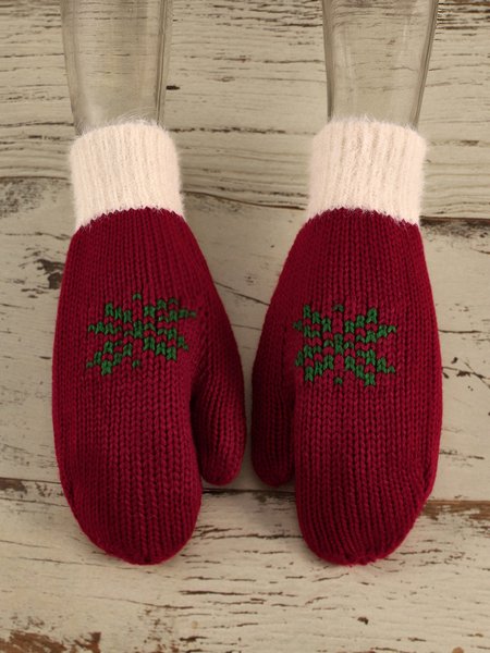 

Christmas Botanical Red Knitted Gloves Holiday Party Matching Gloves Stretch Gloves, Gloves