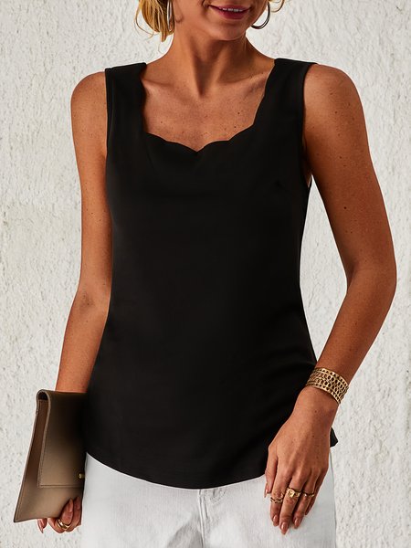 

Plain Square Neck Casual Knit Tank, Black, Tops