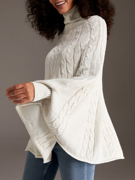 

Long Sleeve High Neck Loosen Solid Daily Sweater, White, Sweaters