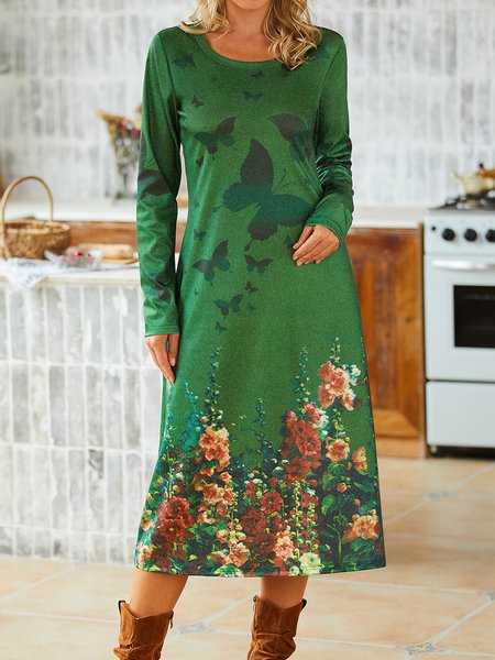 

Cotton-Blend Long Sleeve Knitting Dress, Green, Dresses