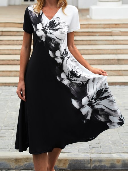 

JFN V Neck Color Block Floral Casual Midi Prom Dress, Black, Formal Dresses