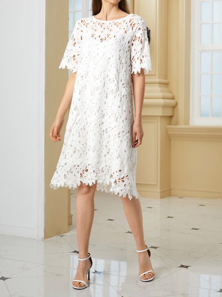 

Daily Solid Loosen Short Sleeve Mini Dress, White, Dresses