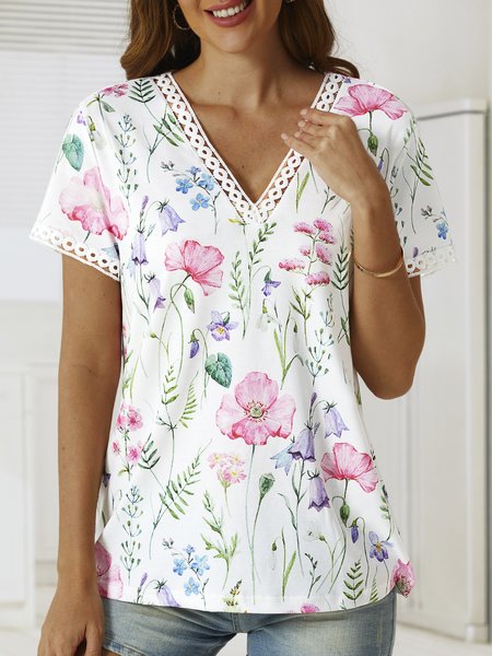 

Floral V-Neck Lace Short Sleeve Top, Yellow, T-Shirts