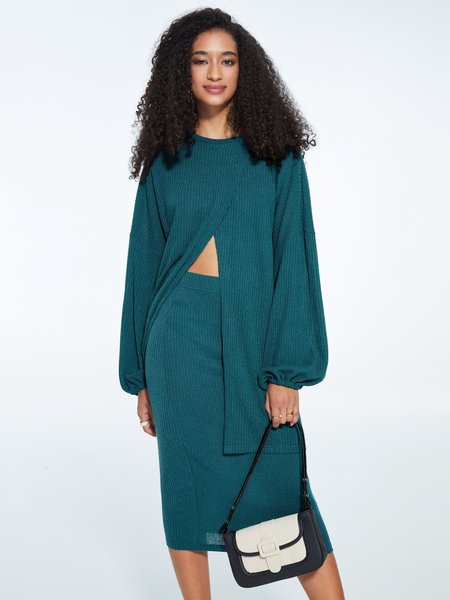 

Long Sleeve Plain Crew Neck Top, Blue, Blouses and Shirts