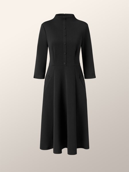 

Elegant Stand Collar Plain Regular Fit Three Quarter Dress, Black, Midi Dresses