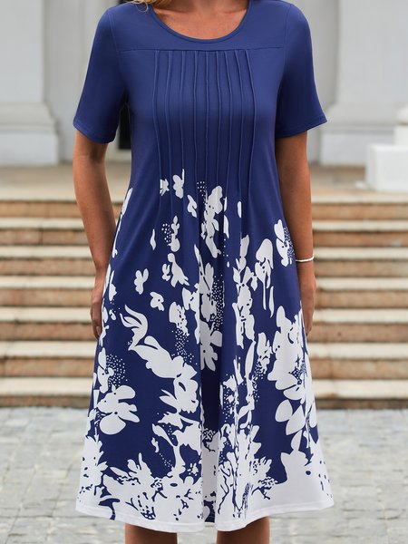 

Vacation Floral Short sleeve Knit Dress, Blue, Dresses