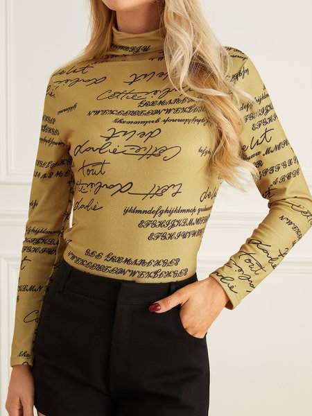 

Regular Fit Text Letters Casual Turtleneck T-Shirt, Yellow, Tops