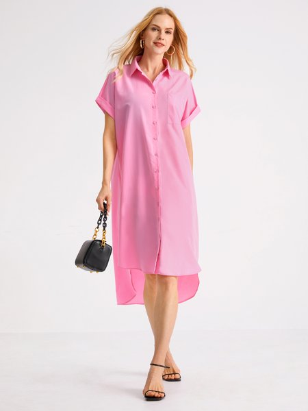 

Daily Solid Simple Short Sleeve Shirt Collar Dress, Pink, Dresses