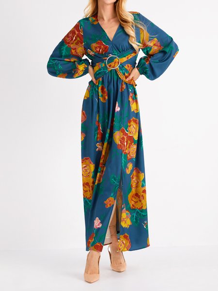 

Vacation Long Sleeve Floral V Neck Regular Fit Maxi Dress, Blue, Dresses