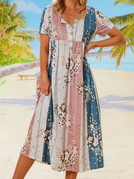 

Compound pattern flower half open button pocket loose Long Dress Plus Size, Multicolor, Dresses