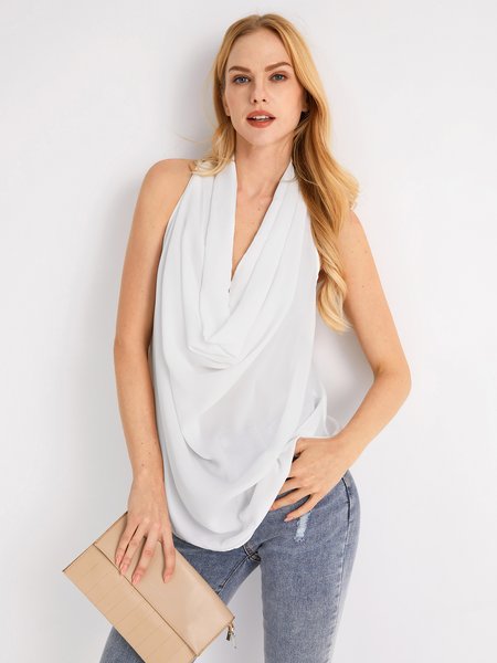 

Cowl Neck Loosen Simple Short Sleeve Daily Top, White, Blouses and Shirts