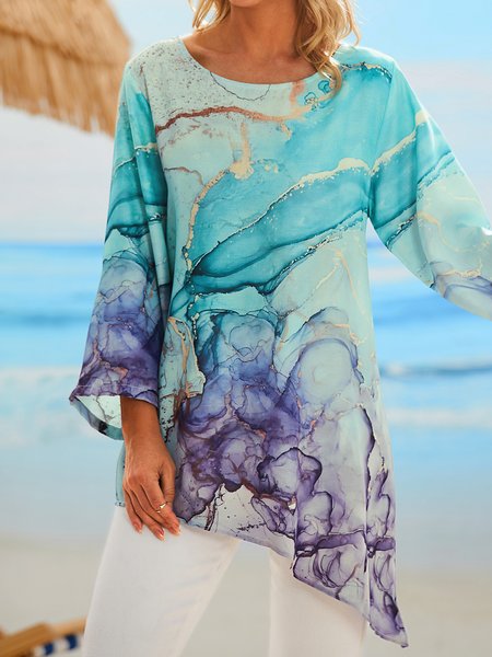 

Abstract Loosen Long Sleeve Tops, Light blue, T-Shirts