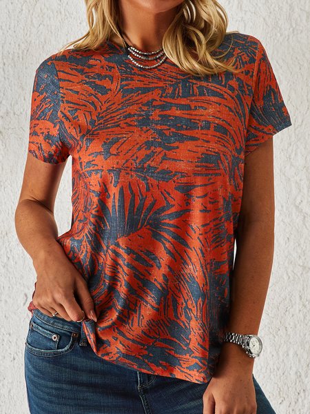 

Vacation Round Neck Regular Fit Leaves Short Sleeve T-Shirt, Multicolor, Tops