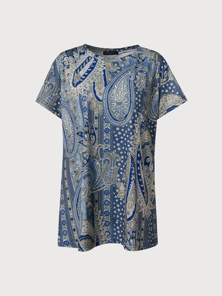 

Folk Paisley loose Pullover Boho top T-shirt Plus Size, Blue, T-Shirts
