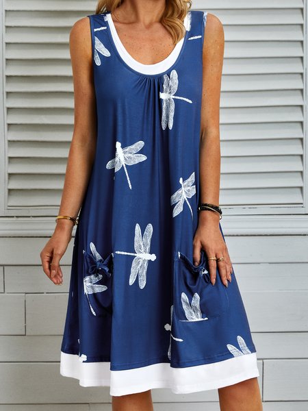 

Crew Neck Sleeveless Dress, Blue, Short