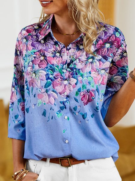 

Floral Casual Loose Blouse, Blue, Shirts & Blouses